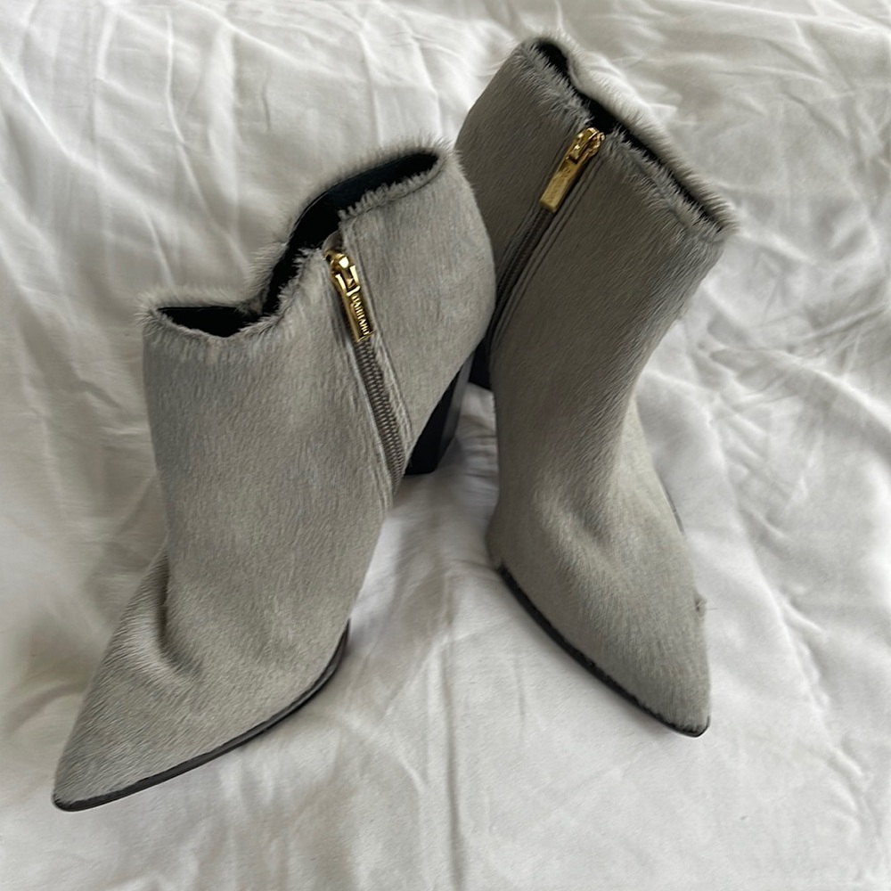 ANDREA CARRANO Pony Hair Side-Zip Booties. Pearl gray color. Size 10.